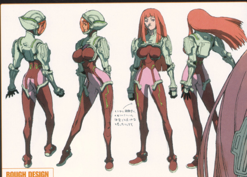 arched_back arm_behind_back armor arrow_(symbol) ass blunt_bangs bodysuit breasts english_text female floating_hair from_behind full_body helmet ken_marinaris large_breasts long_hair looking_at_viewer looking_away masao_tsubasa multiple_views official_art photoshop_(medium) pilot_suit pink_bodysuit profile purple_eyes red_hair reference_sheet scan sidelocks simple_background sketch standing tiptoes translation_request transparent turnaround very_long_hair visor white_background zone_of_the_enders zone_of_the_enders_2