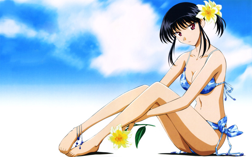 anklet barefoot bikini blue_bikini day feet female flower hara_yumiko jewelry photoshop_(medium) polka_dot polka_dot_bikini school_rumble side-tie_bikini_bottom solo swimsuit tsukamoto_yakumo