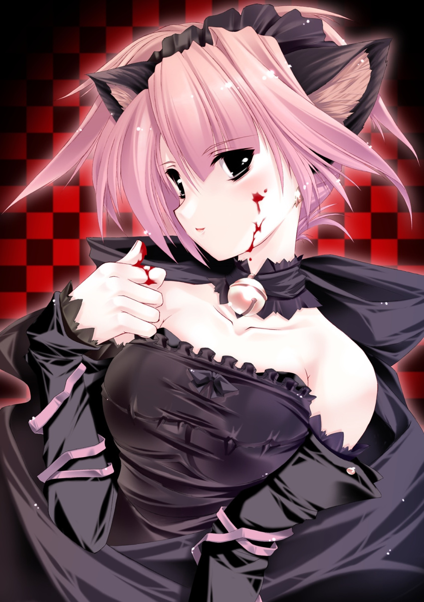 animal_ears bare_shoulders bell black_dress black_eyes blood blood_on_face blush cat_ears checkered_background choker detached_sleeves dress female goth_fashion headdress highres jian long_sleeves neck_bell original pink_hair ribbon short_hair solo upper_body