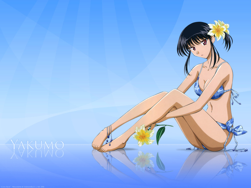 barefoot bikini female flower hair_flower hair_ornament hara_yumiko highres legs long_legs polka_dot polka_dot_bikini school_rumble side-tie_bikini_bottom solo swimsuit tsukamoto_yakumo