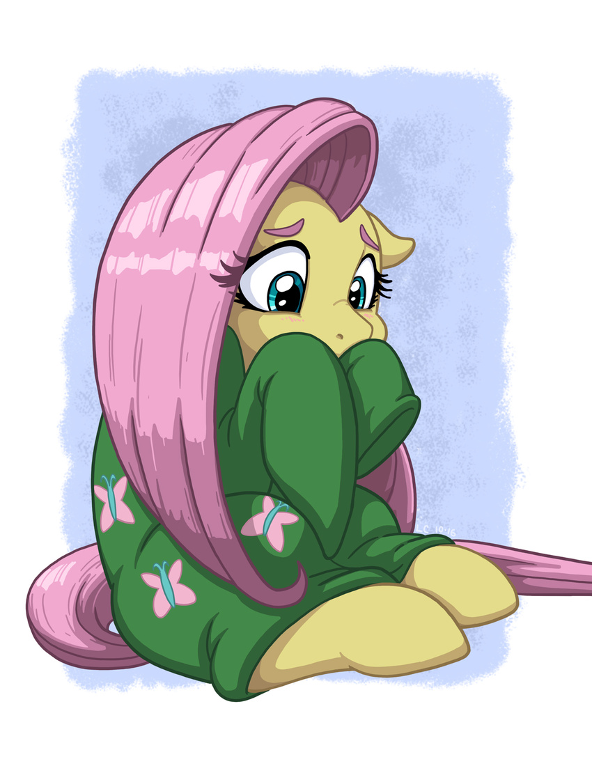 2016 blush clothing equid female feral fluttershy_(mlp) friendship_is_magic hair hasbro hi_res latecustomer mammal my_little_pony pink_hair shy sitting solo sweater topwear