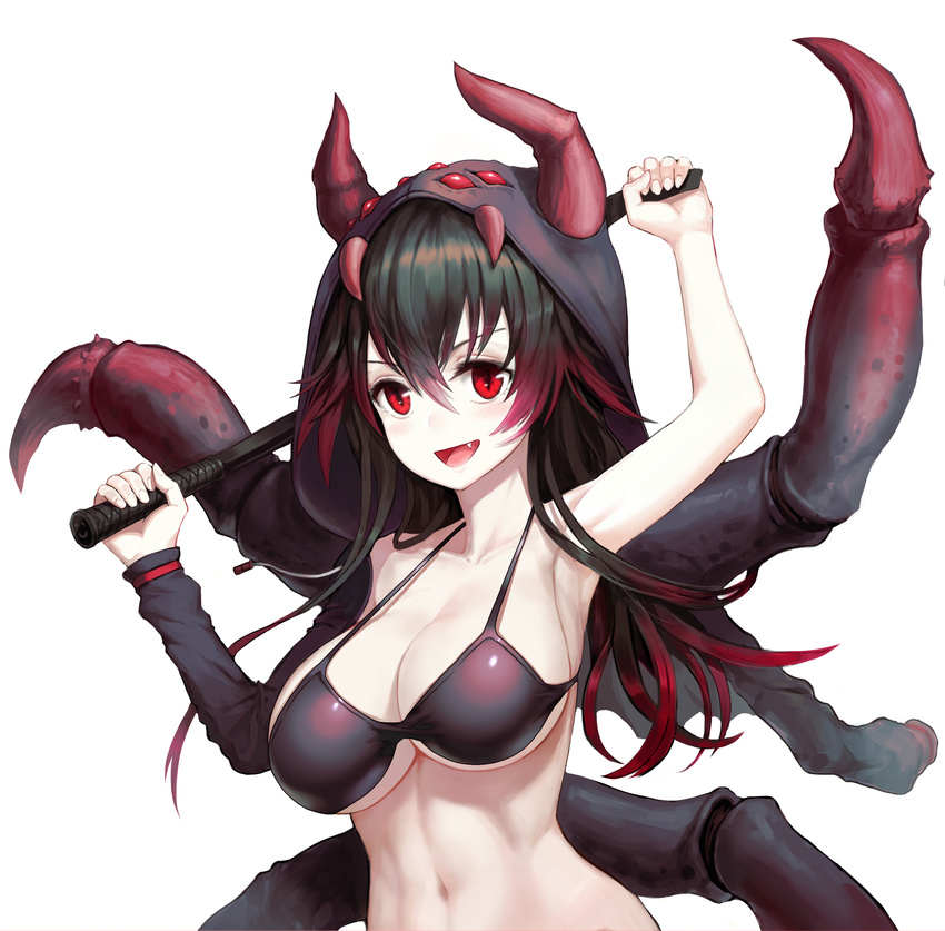 :d absurdres arm_up armpits arthropod_girl arthropod_limbs bad_id bad_pixiv_id bikini bikini_top_only black_bikini black_hair breasts broodmother_(dota) cleavage collarbone commentary_request dota_(series) dota_2 female gradient_hair greem_bang hair_between_eyes hand_up highres holding holding_weapon hood hood_up hooded_spider_girl_(arachnia) large_breasts long_hair looking_at_viewer monster_girl multicolored_hair navel oerba_yun_fang open_mouth original personification photoshop_(medium) red_eyes red_hair sidelocks simple_background smile solo spider_girl swimsuit underboob upper_body v-shaped_eyebrows weapon whip white_background