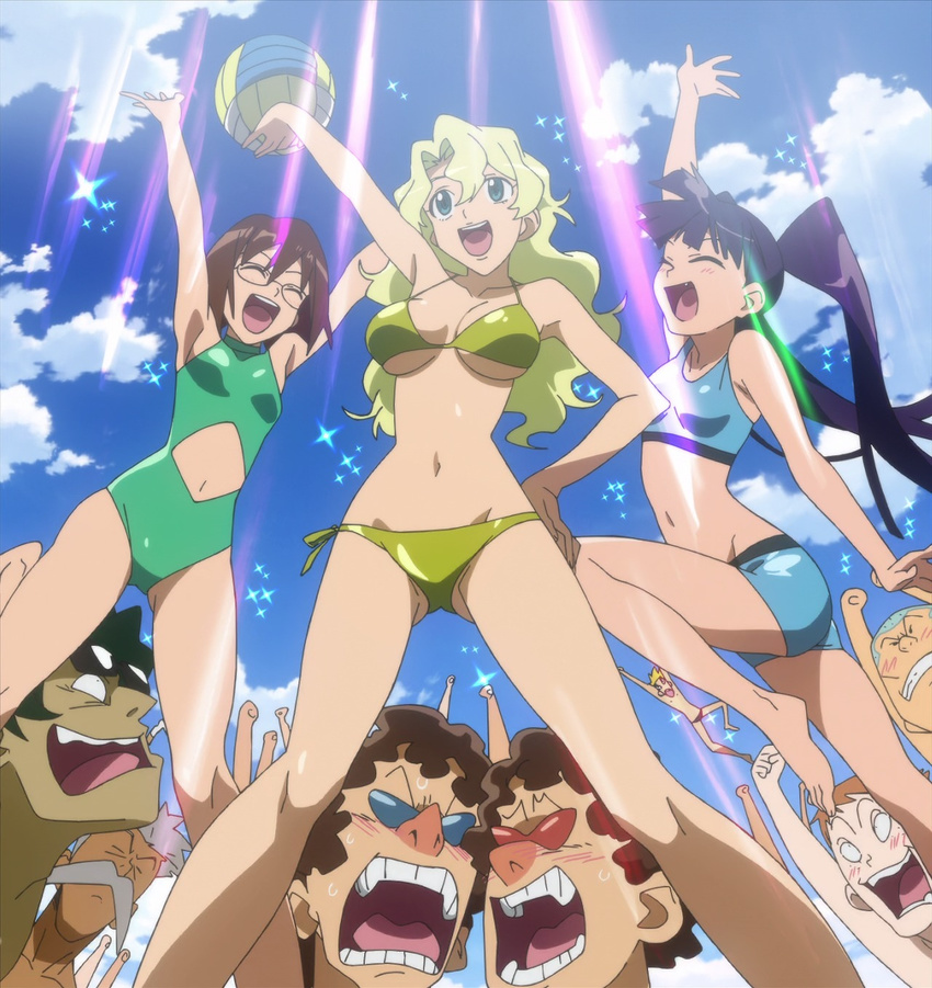 3girls 6+boys anime_screenshot arms_up barinbo bikini blonde_hair blue_sky blush breasts brown_hair clothing_cutout cloud day gabal_docker glasses highres jogan kidd_coega kittan_bachika makken multiple_boys multiple_girls navel navel_cutout one-piece_swimsuit purple_hair siblings side-tie_bikini_bottom sisters sky smile stitched swimsuit tengen_toppa_gurren_lagann third-party_edit twintails underboob volleyball zoushi_kanai