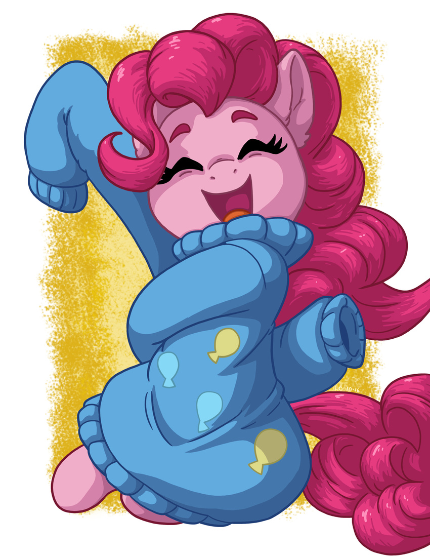 2016 cel_shading closed_eyes clothed clothing equid equine female feral friendship_is_magic front_view fur hair happy hasbro hi_res horse latecustomer mammal my_little_pony open_mouth open_smile oversized_clothing pink_body pink_fur pink_hair pinkie_pie_(mlp) pony shaded smile solo sweater toony topwear