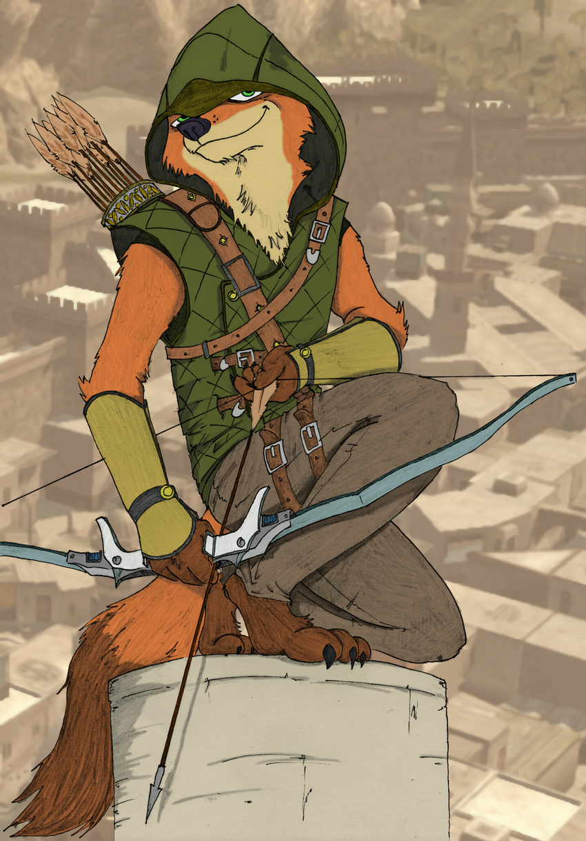 2016 absurd_res anthro arrow_(weapon) bow_(weapon) canid canine clothed clothing disney fox fur green_eyes hi_res holding_object holding_weapon male mammal otakurec37 quiver_(object) ranged_weapon red_body red_fox red_fur robin_hood robin_hood_(disney) solo true_fox weapon ziegelzeig zootopia