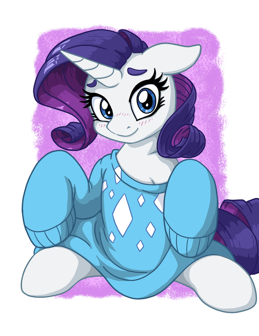 2016 blue_eyes blush clothing equid equine eyebrows eyelashes female feral friendship_is_magic hair hasbro hi_res horn latecustomer mammal my_little_pony mythological_creature mythological_equine mythology purple_hair rarity_(mlp) solo sweater topwear unicorn unicorn_horn