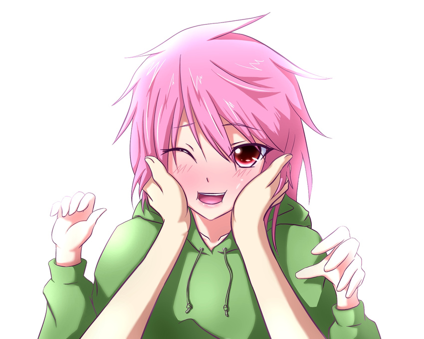 bad_id bad_pixiv_id blush d-frag! female green_(midoriryuu) hands_on_another's_cheeks hands_on_another's_face highres hood hoodie lipstick looking_at_viewer makeup mizukami_sakura one_eye_closed out_of_frame pink_eyes pink_hair pov pov_hands short_hair simple_background smile white_background