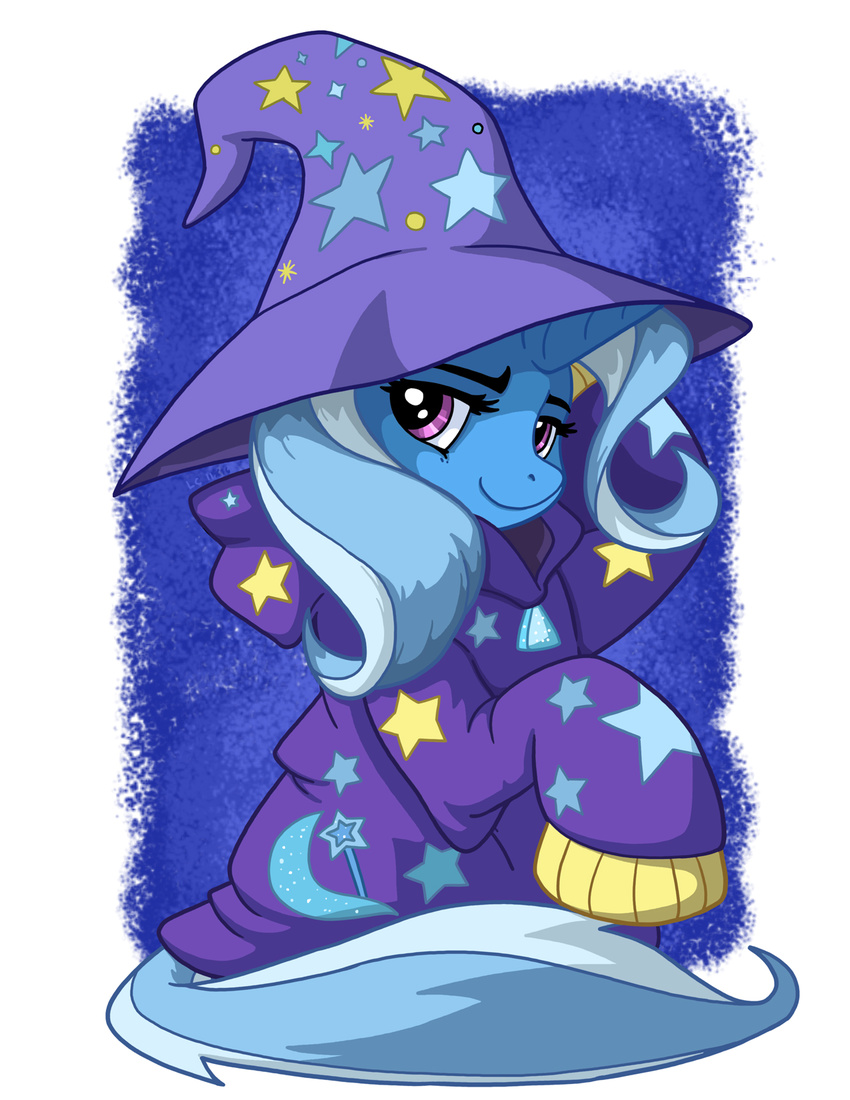 2016 blue_hair clothing equid equine eyebrows eyelashes female feral friendship_is_magic hair hasbro hat headgear headwear hi_res hoodie horn latecustomer mammal multicolored_hair my_little_pony mythological_creature mythological_equine mythology purple_eyes solo sweater topwear trixie_(mlp) two_tone_hair unicorn white_hair wizard_hat