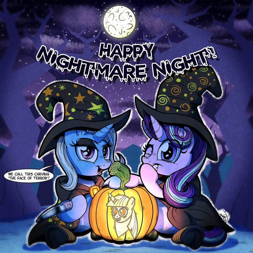 1:1 2016 dialogue duo english_text equid equine female food friendship_is_magic fruit gray-day halloween hasbro hi_res holidays horn jack-o'-lantern mammal moon my_little_pony mythological_creature mythological_equine mythology one_eye_closed plant pumpkin starlight_glimmer_(mlp) text tree trixie_(mlp) unicorn wink