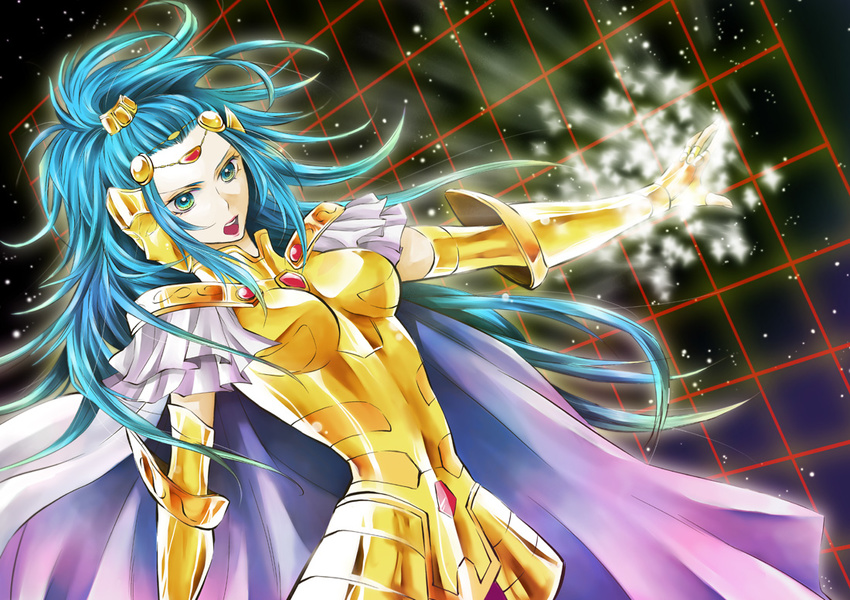 armor bad_id bad_pixiv_id blue_eyes blue_hair cape female gauntlets gemini_integra gloves gold_armor gold_saint naki_(doll79) open_mouth saint_seiya saint_seiya_omega solo