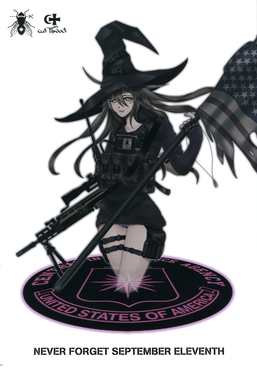 absurdres american_flag bee bipod bug cross female fingerless_gloves flag fujiwara_ryo_(wsise47) gloves gun hat hex_(jormungand) highres jewelry jormungand_(manga) load_bearing_vest long_hair moon necklace panties photoshop_(medium) radio_antenna rifle shield simple_background sniper_rifle solo star_(symbol) underwear weapon white_background witch_hat yellow_eyes