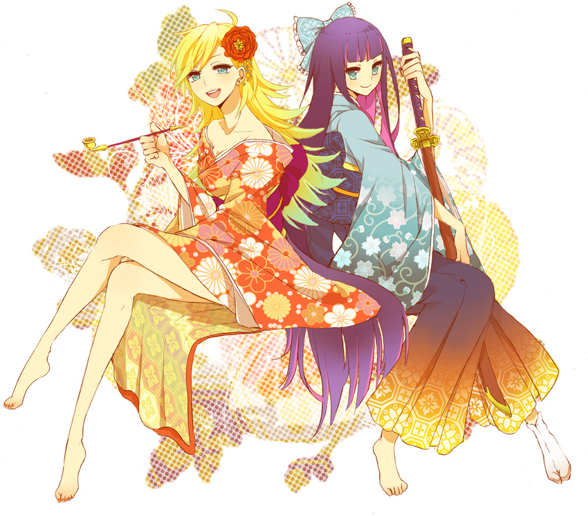 2girls bad_feet barefoot commentary_request hair_ornament highres japanese_clothes kanzashi karakusa_(pattern) katana kikkoumon kikumon kimono kiseru multiple_girls obi obiage obijime panty_&_stocking_with_garterbelt panty_(psg) sash shivue siblings single_sock sisters smile smoking_pipe socks stocking_(psg) sword tabi weapon