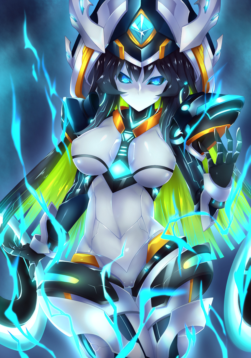 android arm_at_side between_breasts black_hair black_sclera blue_background blue_eyes blue_hair breasts cameltoe code_maya colored_sclera commentary_request cowboy_shot detached_collar detached_sleeves electricity elsword female fi-san gloves glowing glowing_eyes gradient_eyes green_hair hat highres long_hair looking_at_viewer mecha_musume multicolored_eyes multicolored_hair necktie no_mouth robot short_necktie simple_background solo spread_fingers thigh_gap white_background