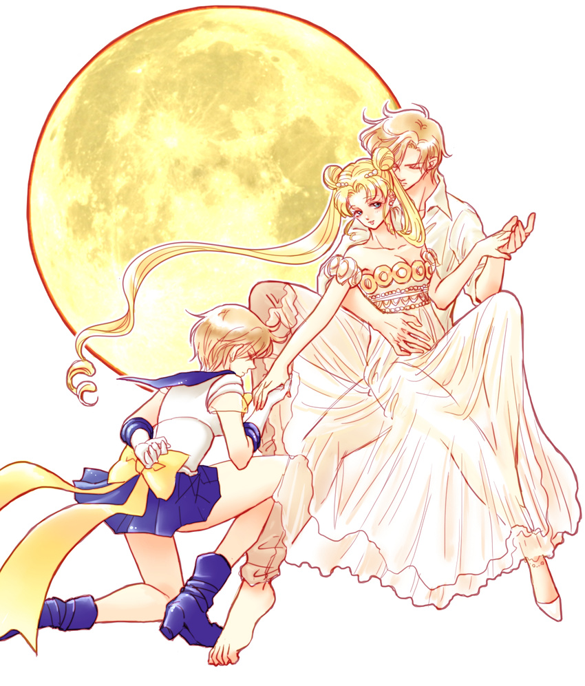 3girls androgynous arm_behind_back back_bow barefoot bishoujo_senshi_sailor_moon blonde_hair blue_footwear blue_sailor_collar blue_skirt boots bow clone_harem closed_eyes commentary_request double_bun dress dual_persona full_body full_moon hair_bun hair_ornament hairclip highres holding holding_hands long_hair magical_girl moon multiple_girls on_one_knee pants pinya pleated_skirt princess_serenity sailor_collar sailor_senshi_uniform sailor_uranus short_hair sitting sitting_on_lap sitting_on_person skirt ten'ou_haruka tsukino_usagi twintails very_short_hair white_background white_dress yellow_bow yuri