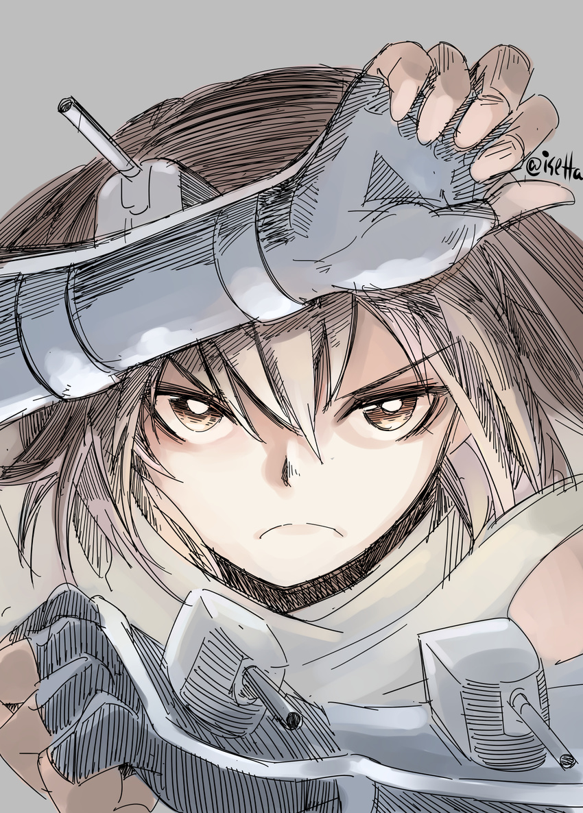 arms_up black_gloves brown_eyes brown_hair cannon close-up closed_mouth commentary_request elbow_gloves female fingerless_gloves frown gloves hair_between_eyes highres isetta kantai_collection looking_at_viewer machinery medium_hair scarf sendai_(kancolle) sendai_kai_ni_(kancolle) shaded_face solo turret twitter_username two_side_up weapon white_scarf