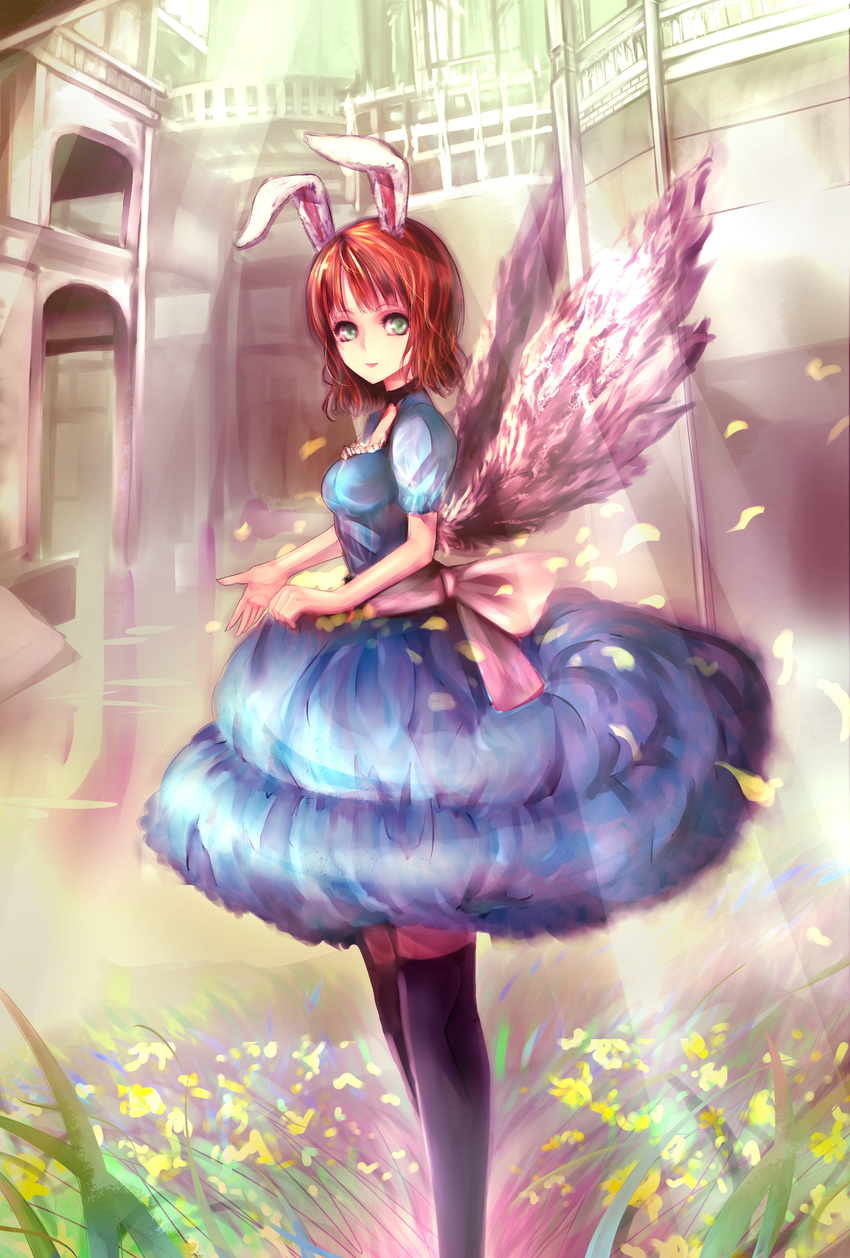 animal_ears bad_id bad_pixiv_id black_thighhighs female green_eyes highres matsukaze881 original rabbit_ears red_hair solo thighhighs wings