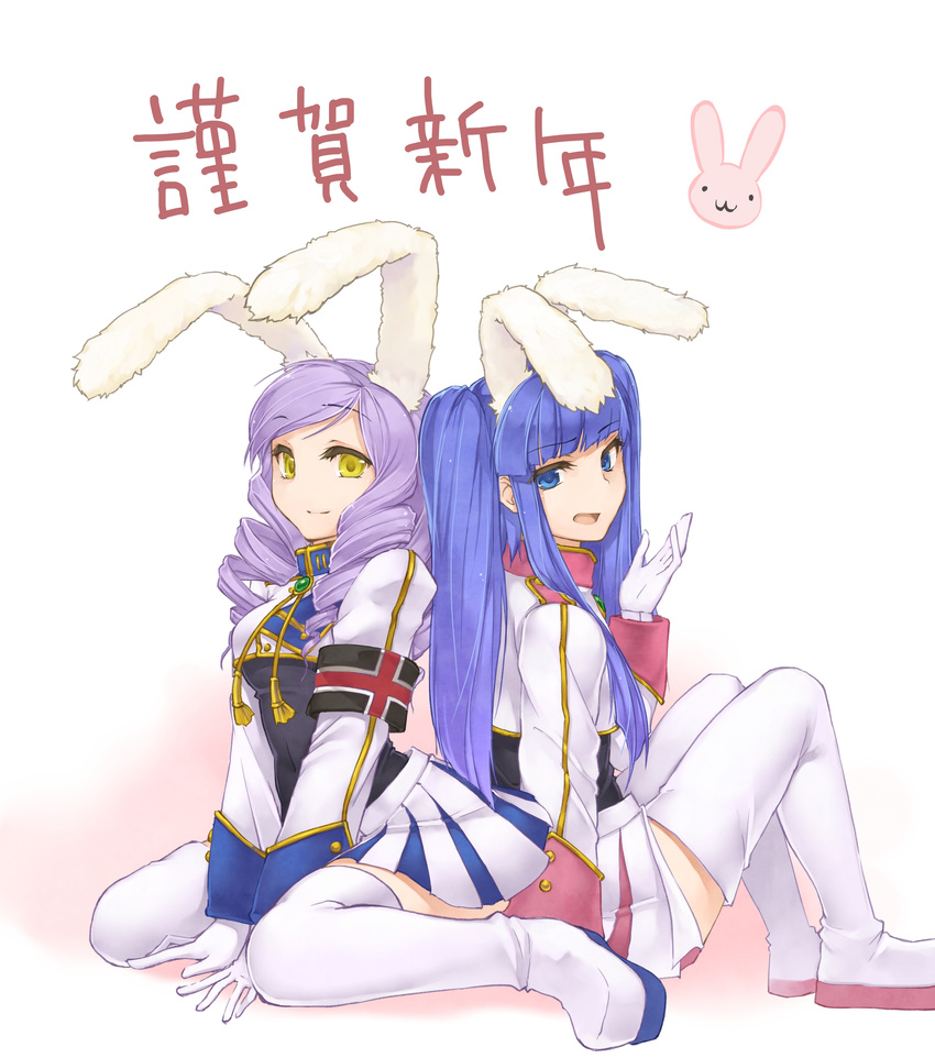 2girls absurdres animal_ears bad_id bad_pixiv_id blue_eyes boots chiester410 chiester410_(cosplay) chiester45 chiester45_(cosplay) chiester_sisters cosplay dlanor_a._knox drill_hair furudo_erika highres multiple_girls rabbit_ears showgirl_skirt thigh_boots thighhighs twintails umineko_no_naku_koro_ni yellow_eyes yuzun