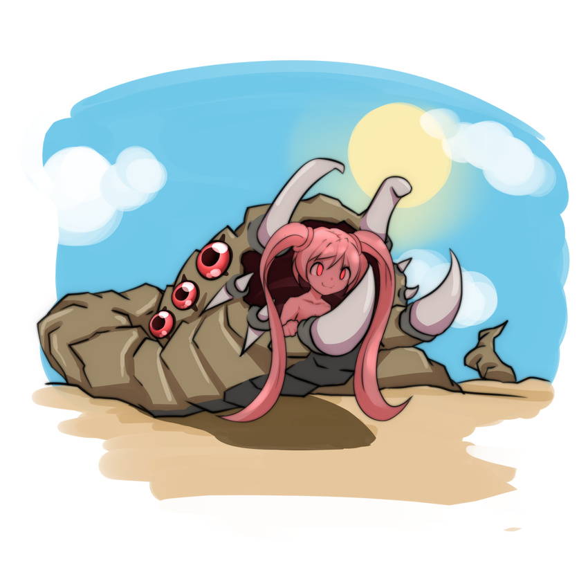 blue_sky chibi closed_mouth cloud colored_sclera colored_skin commentary_request day desert extra_eyes female highres long_hair monster monster_girl monster_girl_encyclopedia nanostar nude outdoors pink_hair pink_sclera pink_skin red_eyes sandworm_(monster_girl_encyclopedia) sky smile solo sun transparent_background twintails