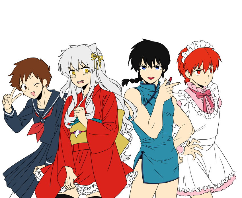 4boys alternate_costume animal_ears bad_id bad_pixiv_id blush china_dress chinese_clothes creator_connection crossdressing crossover dog_ears dress enmaided hatorion inuyasha inuyasha_(character) japanese_clothes kyoukai_no_rinne lipstick lolita_fashion maid makeup moroboshi_ataru multiple_boys ranma_1/2 rokudou_rinne saotome_ranma school_uniform serafuku urusei_yatsura wa_lolita