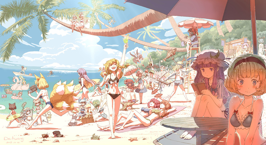 6+girls adapted_costume alice_margatroid animal_ears arm_up armpits arms_up artist_name ass asymmetrical_wings ball bare_legs bare_shoulders barefoot baseball_cap bat_wings bathing beach beach_towel beach_umbrella beach_volleyball bikini bikini_skirt binoculars bishamonten's_pagoda black_bikini black_bow black_hair black_hat black_skirt black_wings blonde_hair blue_bikini blue_bow blue_hair blue_ribbon blue_sky blunt_bangs boat book bow bowl braid breasts bucket buried camcorder camera capelet cat_ears chair chen chinese_commentary chinese_text cirno closed_eyes cloud coconut coconut_tree collarbone commentary_request crab crescent crescent_hair_ornament crustacean cup dahuang daiyousei dated day diving_mask dowsing_rod drinking_glass eating everyone expressionless feathered_wings fins fish flandre_scarlet flying fox_ears fox_tail fujiwara_no_mokou geta goggles green_bikini green_hair grey_hair hair_bobbles hair_ornament hair_rings hair_stick hairband hairbow hakurei_reimu halterneck hand_fan hat hat_ribbon head_fins heart heart_of_string highres hijiri_byakuren hinanawi_tenshi holding holding_book hong_meiling horizon horn_ornament horn_ribbon horns hoshiguma_yuugi houjuu_nue houraisan_kaguya ibuki_suika ice ice_wings imaizumi_kagerou in_bucket in_container inaba_tewi innertube izayoi_sakuya kaenbyou_rin kaku_seiga kamishirasawa_keine kawashiro_nitori kirisame_marisa kisume kneeling knees_up kochiya_sanae komeiji_koishi komeiji_satori konpaku_youmu lifeguard_chair long_hair lounge_chair lying mermaid metal_detector mini_person minigirl miyako_yoshika mob_cap monster_girl moriya_suwako mouse_(animal) mouse_ears mouse_tail multiple_girls murasa_minamitsu mystia_lorelei nagae_iku navel nazrin ocean on_back one-piece_swimsuit one_eye_closed onozuka_komachi open_mouth outdoors outstretched_arms palm_tree patchouli_knowledge photoshop_(medium) pink_hair polearm polka_dot pom_pom_(clothes) ponytail purple_eyes purple_hair rabbit_ears reading recording red_bow red_hair reisen_udongein_inaba reiuji_utsuho remilia_scarlet ribbon rope rumia running saigyouji_yuyuko same-sex_bathing sand sand_castle sand_sculpture school_swimsuit seashell sekibanki shade shameimaru_aya shared_bathing shell shimenawa short_hair side-tie_bikini_bottom sidelocks single_horn sitting skirt sky small_breasts smile starfish stomach suikawari sukuna_shinmyoumaru summer sunbathing surfboard swim_ring swimsuit sword swordfish table tail teacup team_9_(touhou) tengu-geta third_eye thong tokin_hat touhou towel tree triangular_headpiece trident umbrella very_long_hair video_camera wakasagihime watercraft weapon wings wolf_ears yagokoro_eirin yakumo_ran yakumo_yukari