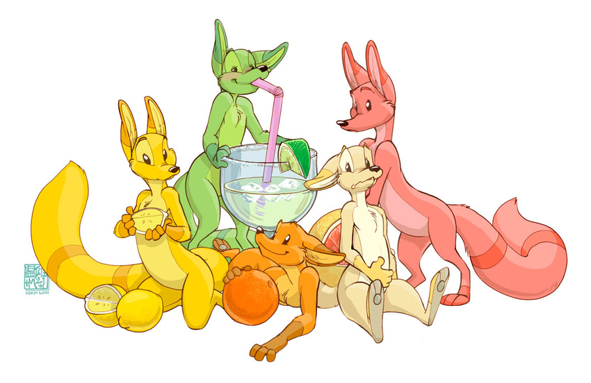 anthro citra food fruit fur glass grapefruit green_body green_fur group lemon lime male mammal orange_(fruit) orange_body orange_fur pink_body pink_fur plant straw_(disambiguation) yellow_body yellow_fur zaush