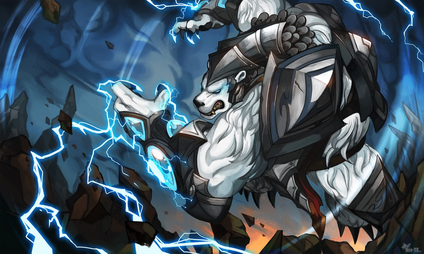 armor bear blue_eyes electricity fangs forehead_protector gauntlets glowing glowing_eyes highres league_of_legends muscular neo-tk.. no_humans no_pupils pauldrons plate_armor polar_bear shoulder_armor solo teeth volibear