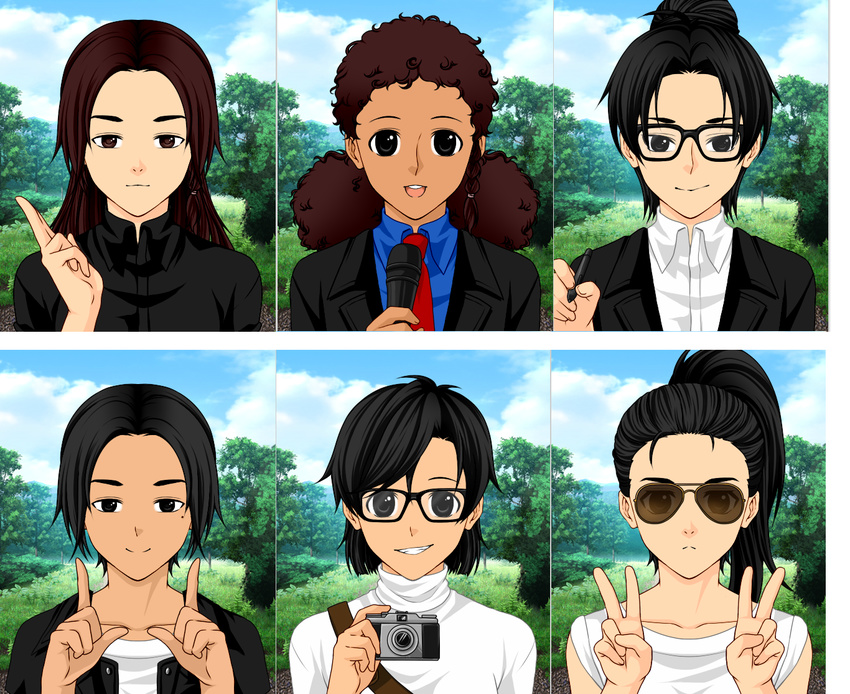 artist_request black_eyes black_hair brown_eyes brown_hair camera dark_skin glasses hideki_kamiya hideo_kojima looking_at_viewer masahiro_sakurai microphone reggie_fils-aimé rule_63 satoru_iwata shigeru_miyamoto source_request sunglasses v