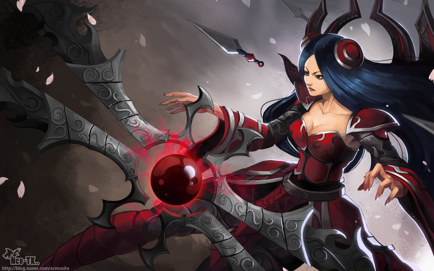 armor armored_dress blue_eyes breasts cleavage female floating floating_object hairpods irelia kunai large_breasts league_of_legends long_hair neo-tk.. orb parted_bangs pauldrons petals shoulder_armor solo weapon wide_sleeves