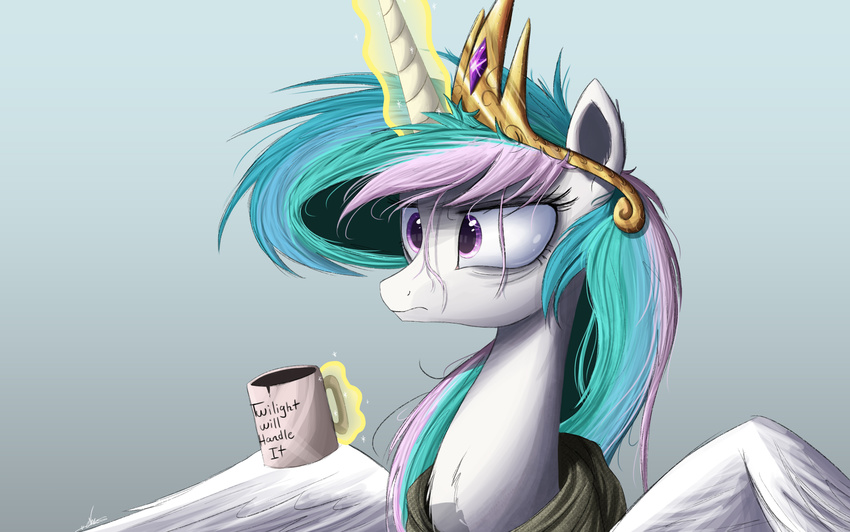 2015 alicorn best_princess beverage clothing coffee container cup digital_media_(artwork) english_text equid equine feathered_wings feathers female food friendship_is_magic glowing gold_(metal) hair hasbro hi_res horn levitation magic mammal messy_hair my_little_pony mythological_creature mythological_equine mythology ncmares princess_celestia_(mlp) purple_eyes solo text white_body white_feathers wings