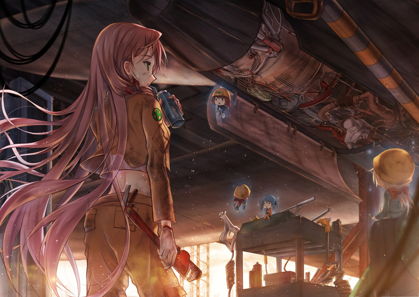 5girls :o aircraft airplane akashi_(kancolle) arm_at_side back bad_id bad_pixiv_id bae.c blue_hair blurry bow breath cable can carrying cropped_jacket cross depth_of_field dirty dirty_face drinking drinking_straw dust f-35_lightning_ii fairy_(kancolle) fighter_jet file_(tool) floating_hair flying from_behind gloves hair_ribbon helmet holding jacket jet kantai_collection light_brown_hair light_particles long_hair long_sleeves looking_at_another low_ponytail machinery midriff military_vehicle mini_person minigirl multiple_girls pants photoshop_(medium) pink_hair pipe_wrench pliers pocket profile red_bow red_hair ribbon screwdriver sitting socket_(tool) striped sweat toolbox tools tress_ribbon two_side_up unworn_headwear unworn_helmet very_long_hair white_gloves wrench yellow_jacket yellow_pants