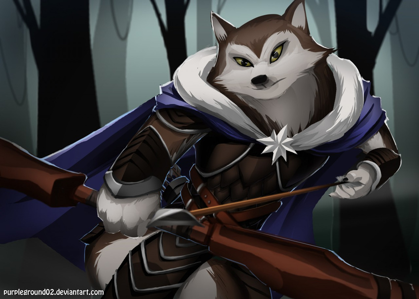 anthro archer armello armor arrow_(weapon) bow_(weapon) canid canine canis cloak clothed clothing detailed_background female forest fur grey_body grey_fur holding_object holding_weapon league_of_geeks looking_at_viewer mammal outside plant purpleground02 quiver_(object) ranged_weapon river_(armello) solo tree weapon white_body white_fur wolf yellow_eyes