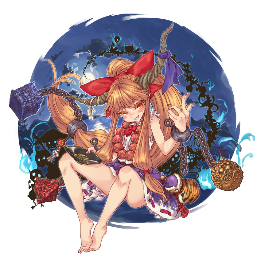 >:) alcohol armpits backlighting bare_legs barefoot bead_bracelet beads blue_ribbon blush bow bracelet brown_hair commentary_request cuffs cup embellished_costume female fingernails full_moon gourd grin hair_ornament hairbow high_ponytail highres horn_ornament horn_ribbon horns ibuki_suika jewelry knees_up long_hair looking_at_viewer low-tied_long_hair moon mumulatte orange_eyes outline petticoat purple_skirt red_bow ribbon sakazuki sake shackles sharp_fingernails shirt sidelocks sitting skirt sleeveless sleeveless_shirt smile solo thick_eyebrows touhou v-shaped_eyebrows white_ribbon