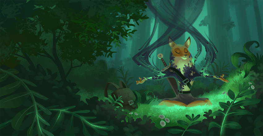 anthro armello backpack biped canid canine closed_eyes clothed clothing corruption detailed_background female forest fox healing hi_res league_of_geeks magic mammal meditation melee_weapon melissa_king nature official_art outside plant purification sitting smile solo sword topless tree ty_carey weapon