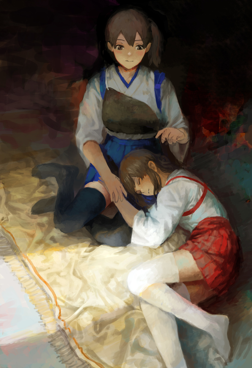 2girls absurdres akagi_(kancolle) bad_id bad_pixiv_id black_thighhighs blue_skirt brown_eyes brown_hair closed_eyes commentary_request hakama hakama_short_skirt hakama_skirt highres japanese_clothes kaga_(kancolle) kantai_collection long_hair lying multiple_girls muneate no_shoes on_floor on_side photoshop_(medium) pleated_skirt red_skirt rug sitting skirt sleeping thighhighs tomiya_(tomiya2117) white_legwear