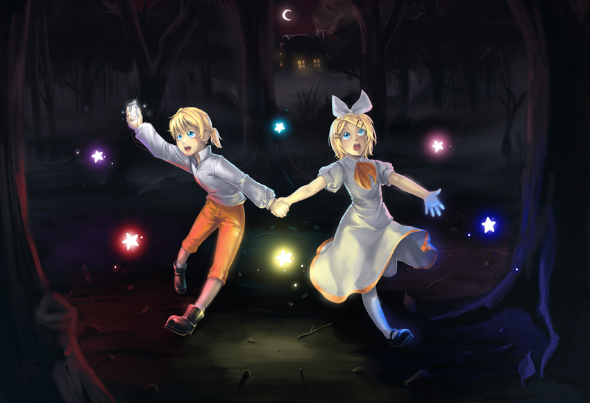 arm_up begging black_footwear blonde_hair blue_eyes boots bottle bow brother_and_sister brown_legwear cabin chrono_story_(vocaloid) commentary_request crescent_moon dated doblemjwn dress evillious_nendaiki fog forest glowing gretel_(evillious_nendaiki) hair_ornament hairbow hairclip hansel_(evillious_nendaiki) highres holding_hands hut kagamine_len kagamine_rin leaf looking_up moon nature night night_sky open_mouth orange_pants outstretched_arms pants photoshop_(medium) pigeon-toed seven_deadly_sins shirt shoes short_hair siblings signature sky sparkle standing standing_on_one_leg star_(symbol) twins vocaloid white_dress white_legwear white_shirt