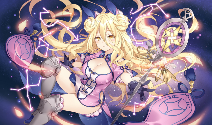 blonde_hair blush boots breasts camelopardalis_(constellation) cassiopeia_(constellation) cleavage cleavage_cutout clothing_cutout commentary_request constellation constellation_print cowboy_shot cygnus_(constellation) date_a_live double_bun dress female hair_bun holding holding_staff hoshimiya_mukuro knee_boots large_breasts long_hair looking_at_viewer parted_lips perseus_(constellation) rie_(reverie) scorpius_(constellation) sky solo staff star_(sky) starry_sky thighs yellow_eyes