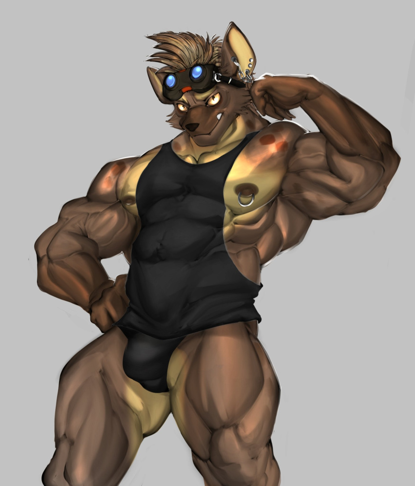 abs anothereidos_of_dragon_vein_r anthro clothing dagantfus_(artist) hi_res hyena male mammal muscular muscular_anthro muscular_male nipple_piercing nipples nitro_(anothereidos_r) pecs piercing shirt solo tank_top topwear vein veiny_muscles