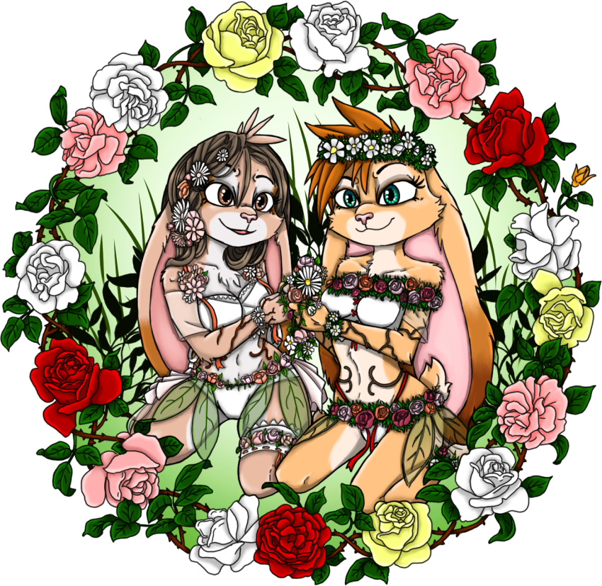 2022 3_toes 4_fingers alpha_channel anthro ara_caelum_(aralyre) bad_guy_cafe brown_body brown_eyes brown_fur brown_hair duo feet female fingers flower fur green_eyes hair hi_res lagomorph leporid mammal ocerydia_zoona pink_body pink_fur plant rabbit rose_(flower) tan_body tan_fur teal_eyes toes ziegelzeig