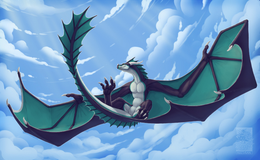 2021 aevere_(anotherpersons129) ambiguous_gender blue_sky claws cloud countershade_crotch countershade_face countershade_legs countershade_neck countershade_tail countershade_torso countershading dark_body day detailed_background digital_media_(artwork) dragon european_mythology featureless_chest featureless_crotch feet feral green_membrane green_wings hi_res hindpaw horn keltaan light light_beam membrane_(anatomy) membranous_wings mythological_creature mythological_scalie mythology outside pawpads paws purple_body scalie shaded sky solo spines sunbeam sunlight tail western_dragon white_body white_countershading wings wyvern