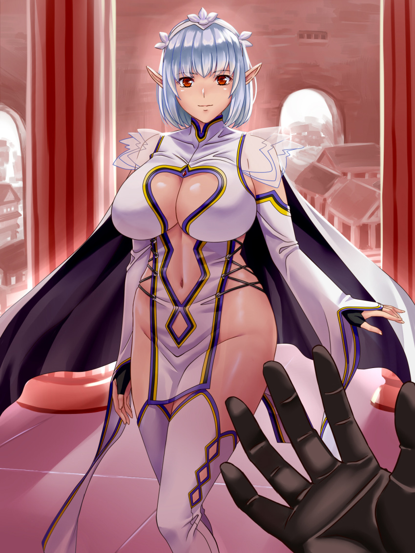 black_gloves breasts cape center_opening cleavage cutout_below_navel detached_sleeves elf female gloves highres indoors large_breasts looking_at_viewer navel no_panties original pelvic_curtain pointy_ears red_eyes solo switch01 thighhighs white_cape white_thighhighs wide_sleeves