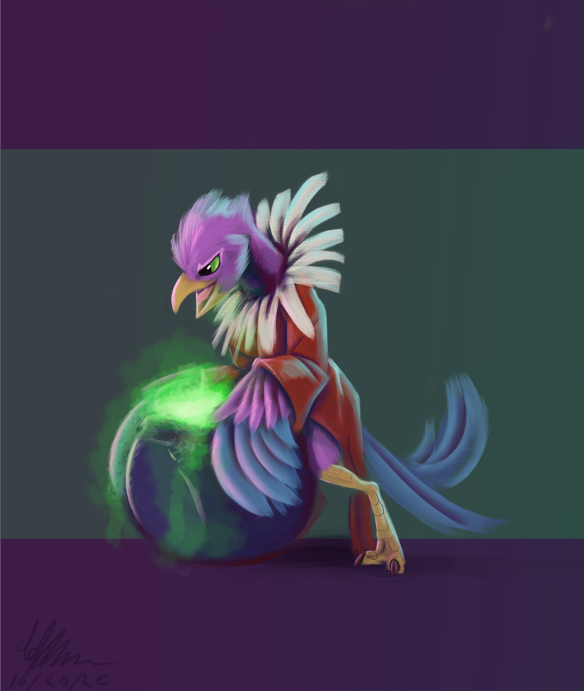 anthro avian avian_feet beak biped bird blue_body cauldron clothing costume feathered_crest feathered_wings feathers galliform green_eyes gyro_feather head_crest hi_res male peafowl phasianid phinja pink_body scarf skeksis solo tail tail_feathers the_dark_crystal winged_arms wings