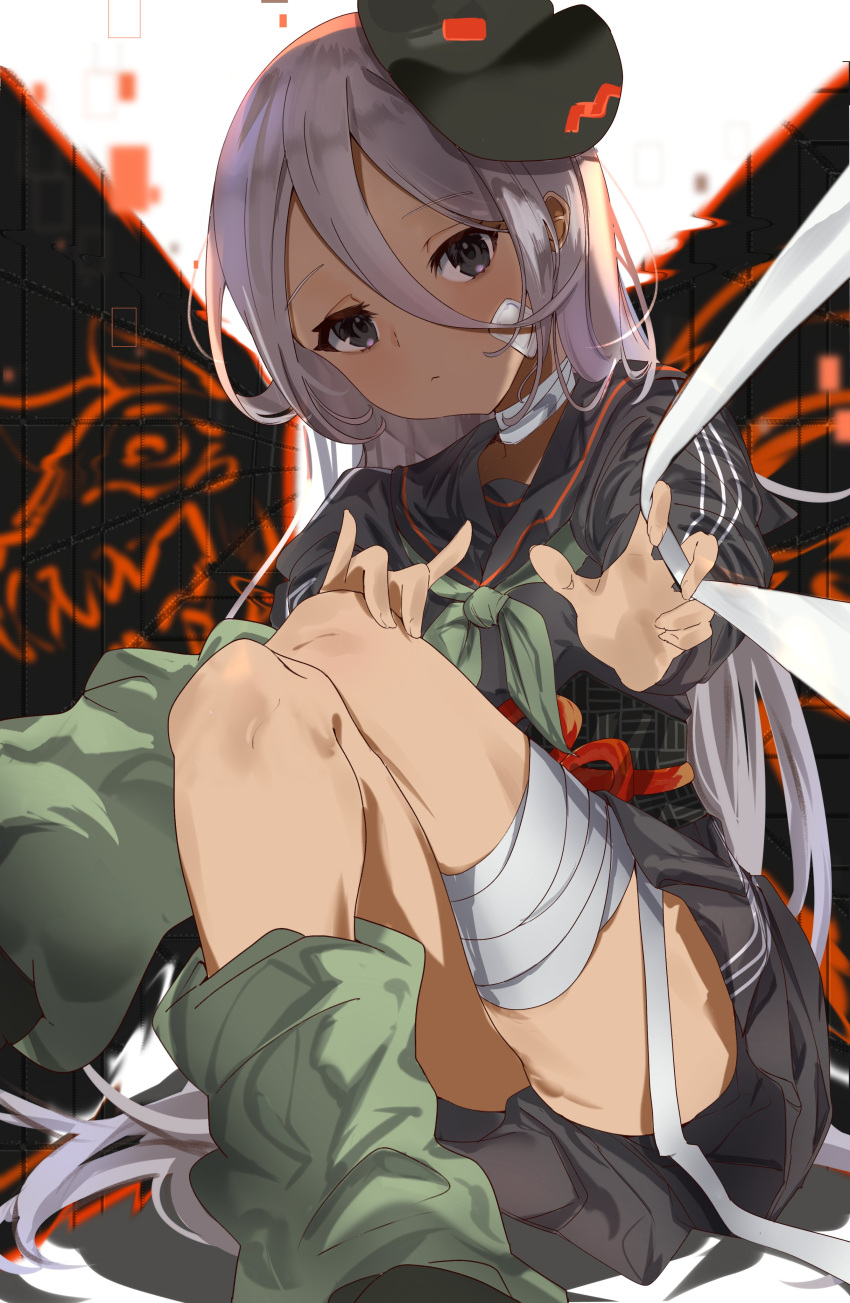 abeno-shakuji-maya absurdres ass bandages black_eyes black_serafuku closed_mouth crossed_legs dark_skin denonbu female fox_mask green_neckerchief green_socks grey_hair hair_between_eyes highres long_hair long_hair_between_eyes long_sleeves looking_at_viewer loose_socks mask neckerchief obi obijime ooho0216 pleated_skirt sailor_collar sash school_uniform serafuku sitting skirt socks solo very_long_hair