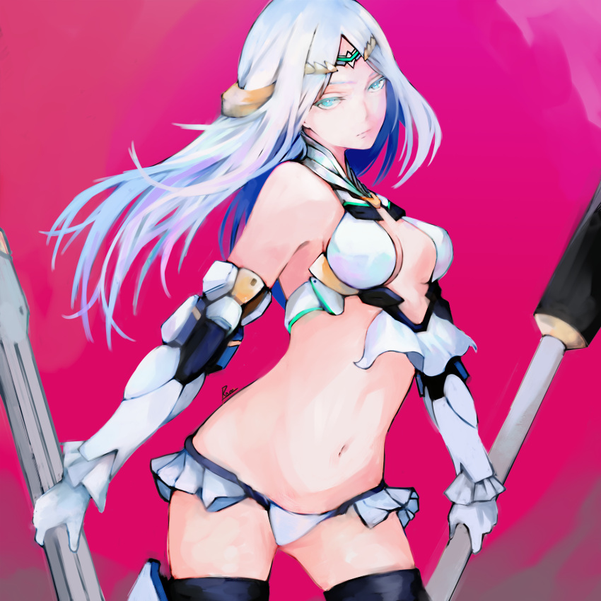 bare_shoulders bikini black_thighhighs blue_eyes breasts cleavage elbow_gloves fate/grand_order fate_(series) female galatea_(fate) gloves halterneck highres joints long_hair looking_at_viewer medium_breasts moedredd navel parted_bangs pink_background polearm robot_joints solo swimsuit thighhighs thighs tiara weapon white_bikini white_gloves white_hair