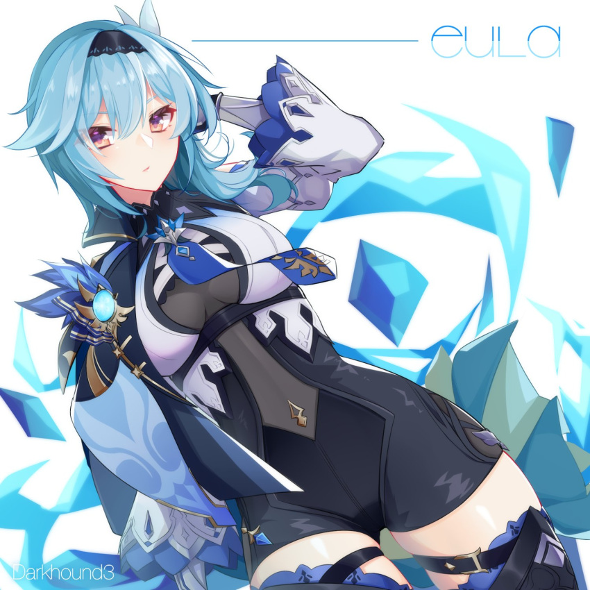 arm_up artist_name blue_hair bodystocking breasts character_name dark_hound_3 eula_(genshin_impact) female genshin_impact hairband half-closed_eyes highres long_sleeves looking_at_viewer medium_breasts solo thigh_strap thighhighs