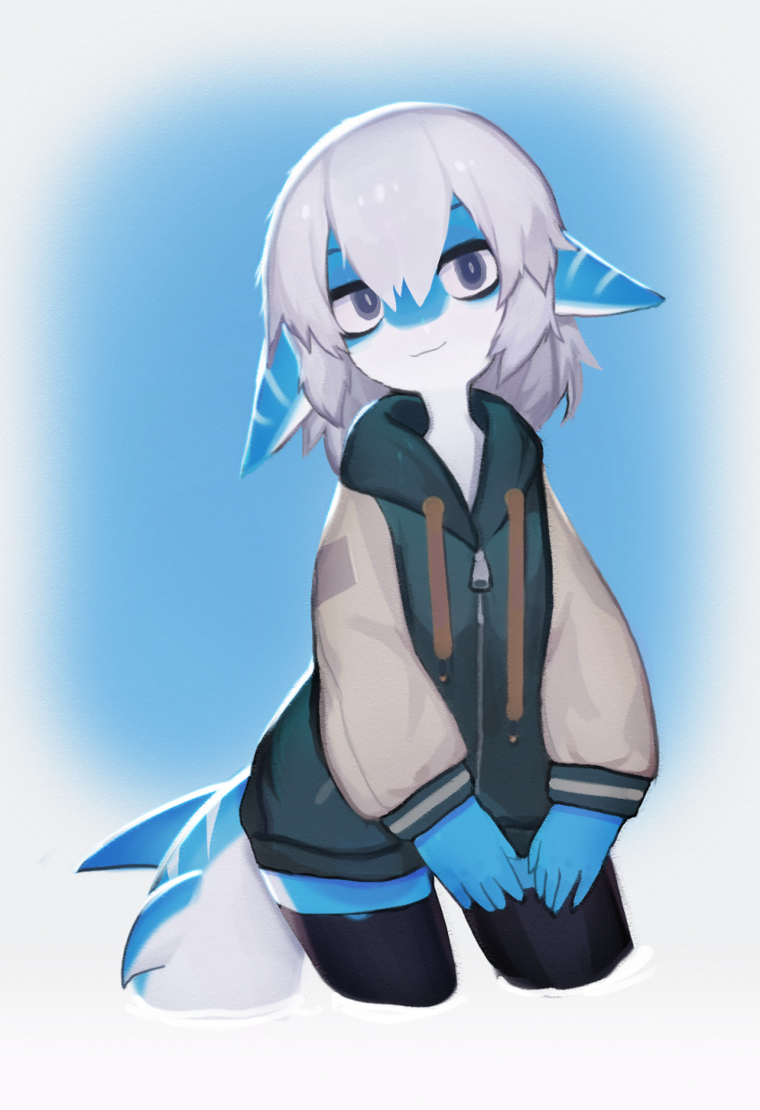 2022 anthro biped blue_body blue_eyes blue_scales clothed clothing female fish hair hi_res marine scales shaded shark simple_background smile soda_uyu solo white_body white_hair white_scales