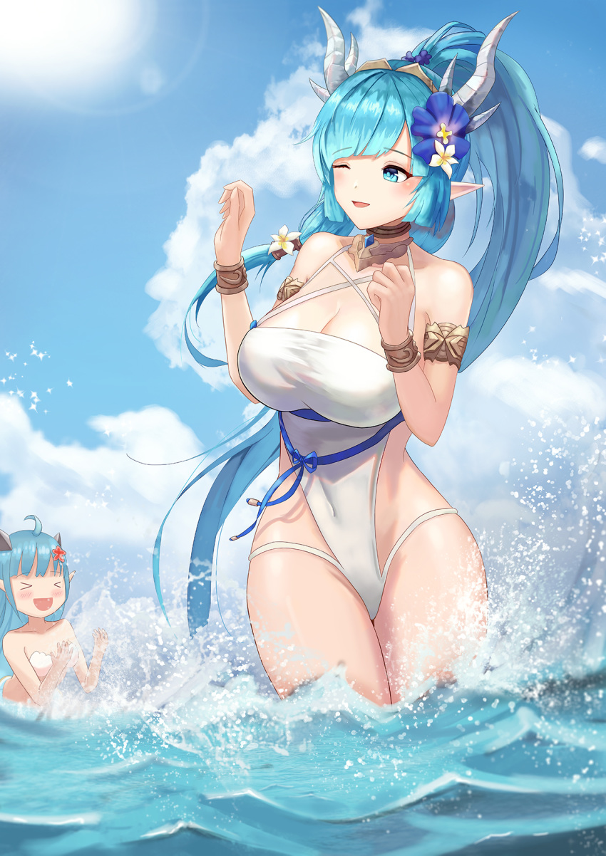 >_< 2girls abeen_jhong bare_shoulders bikini blue_eyes blue_hair blush breasts cleavage cloud commentary_request day dragon_girl dragon_horns flower hair_flower hair_ornament highres horns king's_raid laias_(king's_raid) large_breasts lilia_(king's_raid) long_hair looking_at_viewer multiple_girls navel photoshop_(medium) pointy_ears smile solo_focus swimsuit tail very_long_hair water white_flower