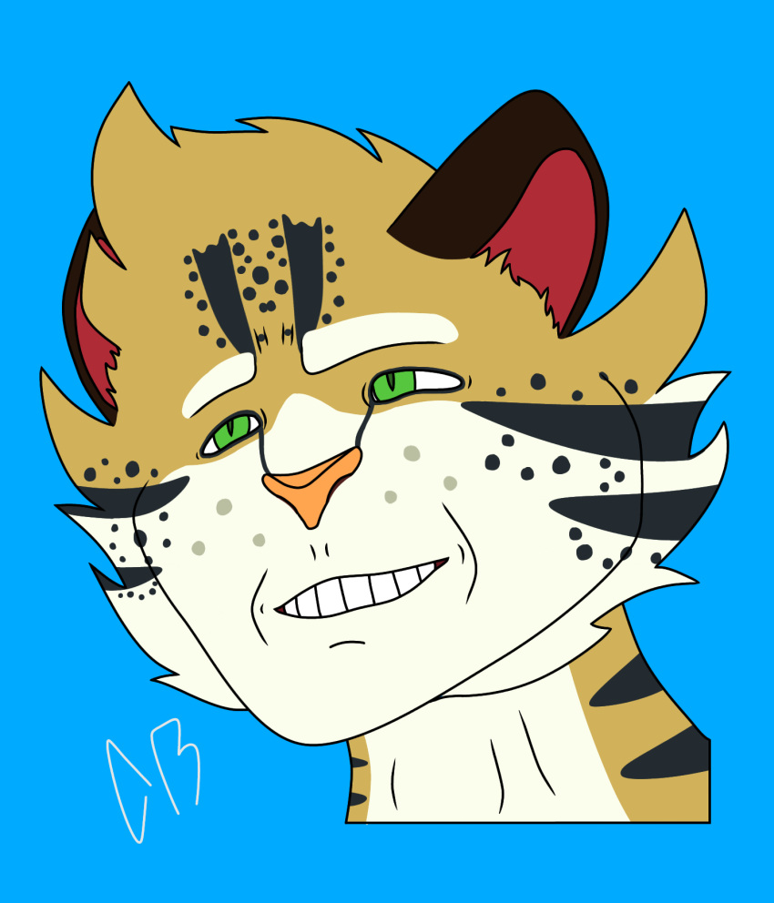 anthro felid feline green_eyes hi_res leopardus male mammal meme ocelot rodrigo_(cyberrodrigo) simple_background smile solo