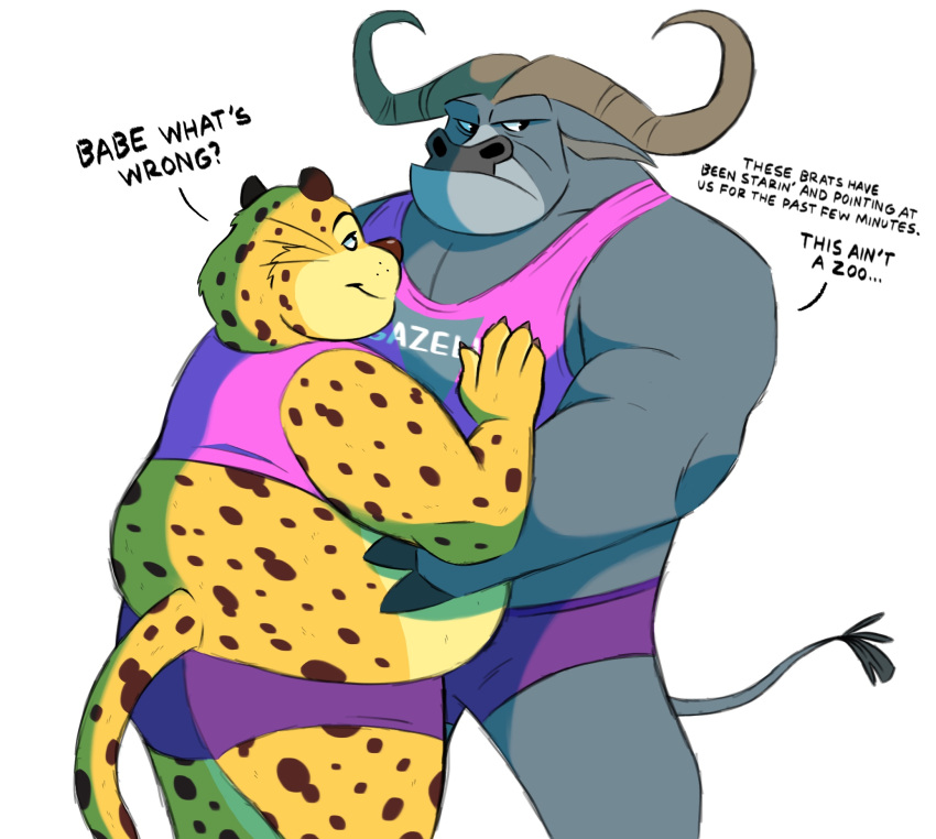 2021 anthro anthro_on_anthro belly benjamin_clawhauser big_belly big_muscles bottomwear bovid bovine cape_buffalo cheetah chief_bogo claws clothed clothing countershading crop_top dialogue disney duo english_text felid feline fingers frown fur hi_res hooved_fingers hooves horn hotpants hug looking_at_another male male/male mammal muscular muscular_anthro muscular_male narrowed_eyes obese overweight overweight_anthro overweight_male romantic romantic_couple shirt shorts simple_background smile splashburr standing tank_top text topwear tuft whiskers white_background zootopia