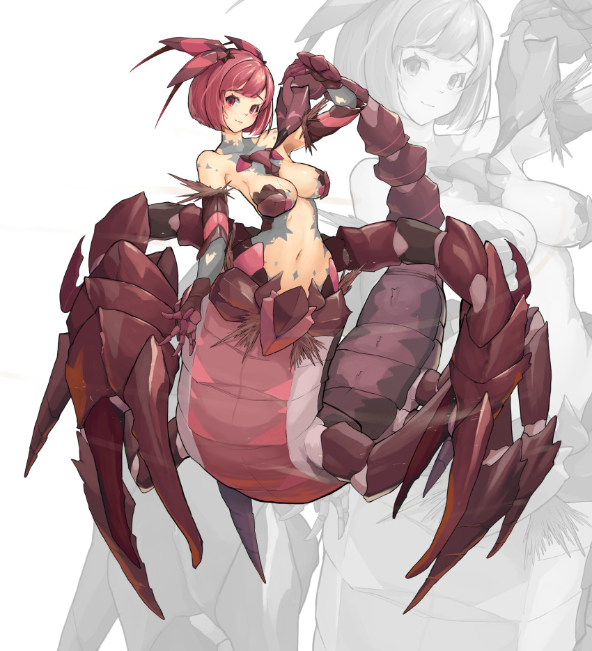 absurdres arm_up arthropod_girl bare_shoulders breasts carapace cleavage closed_mouth collarbone colored_skin commentary_request female full_body grey_skin highres horns looking_at_viewer medium_breasts monster_girl multiple_legs navel original pincers red_eyes red_hair scales scorpion_girl shitoi_(aqua1487) short_hair sidelocks smile standing stinger stomach sweat taur white_background zoom_layer