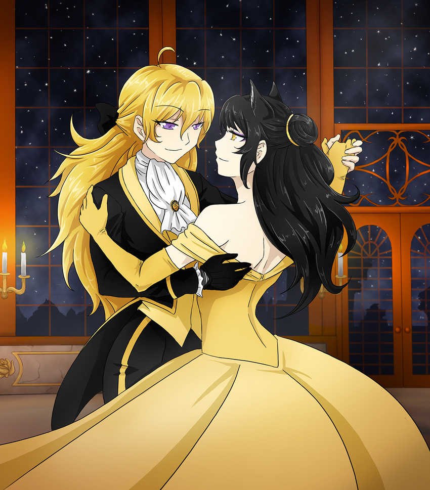 2girls ahoge animal_ears backless_dress backless_outfit ballroom bare_shoulders beauty_and_the_beast black_gloves blake_belladonna blonde_hair cat_ears commentary dancing dress elbow_gloves english_commentary eye_contact formal gloves highres long_hair looking_at_another mechanical_arms multiple_girls parody photoshop_(medium) prosthesis prosthetic_arm purple_eyes rwby shoulder_blades single_mechanical_arm smile yang_xiao_long yaya_(y8ay8a) yellow_dress yellow_eyes yellow_gloves yuri